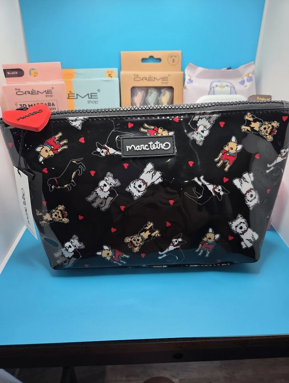 Marc Tetro Black Dog Print Vinyl Cosmetic Pouch & Mixed Makeup Bundle NWT